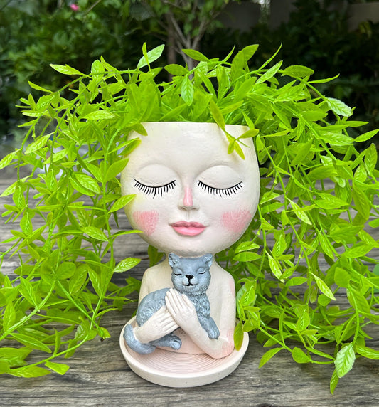 ASDFG Head Planter with Drainage Hole, Resin Art Vase, Cute Lady Hugging Cat Succulent Flower Pots, Unique for Indoor Outdoor Decor, 7.28in