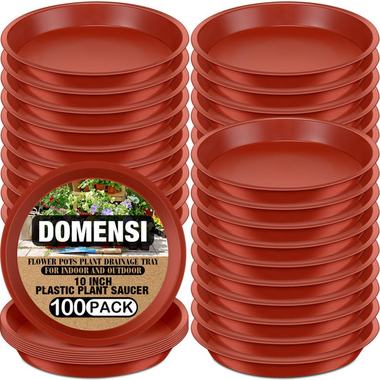 Domesni 100 Pcs Plastic Plant Saucer - Bulk Plant Trays for Indoor & Outdoor Pots - Sturdy Red Drip Trays for Flower Pots (10 Inches)