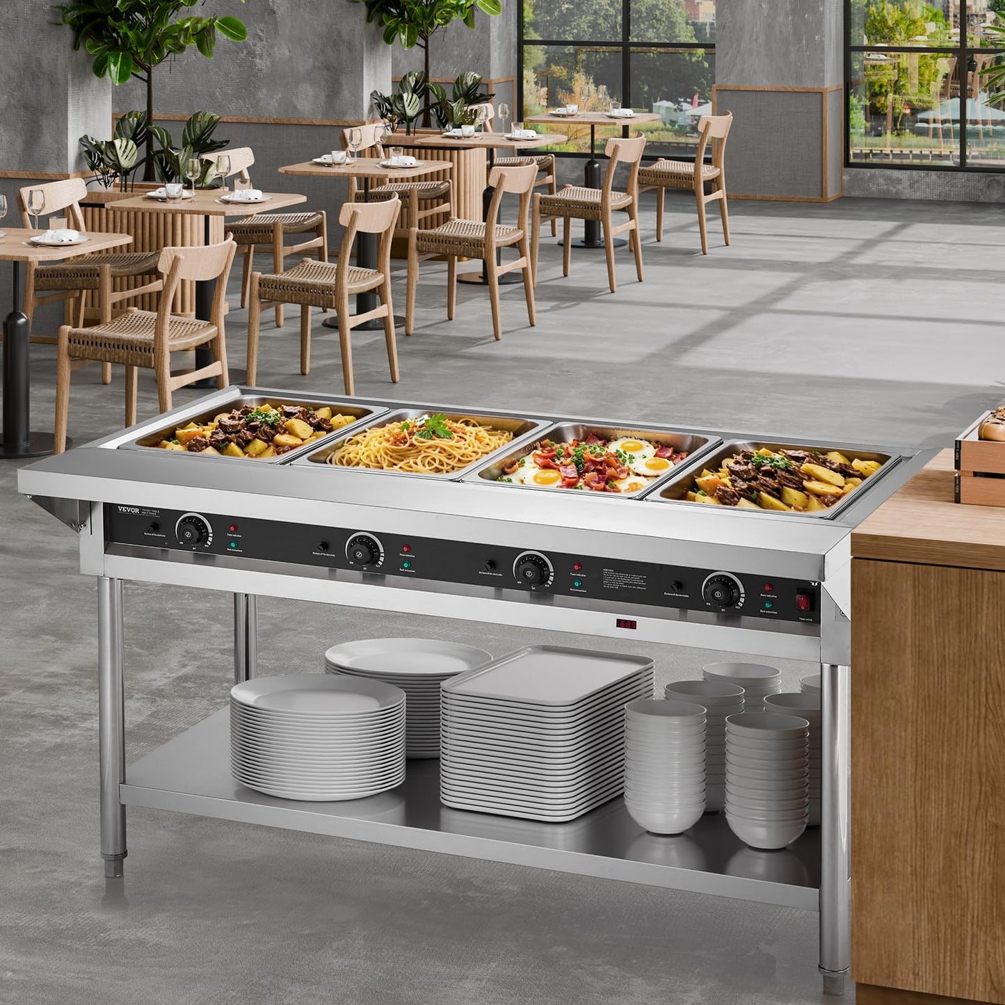VEVOR 4-Pan Commercial Food Warmer, Electric Steam Table with Independent Temperature Control, 450W x 4 Stainless Steel Buffet Catering Food Warmer with Undershelf and Workspace, for Restaurant