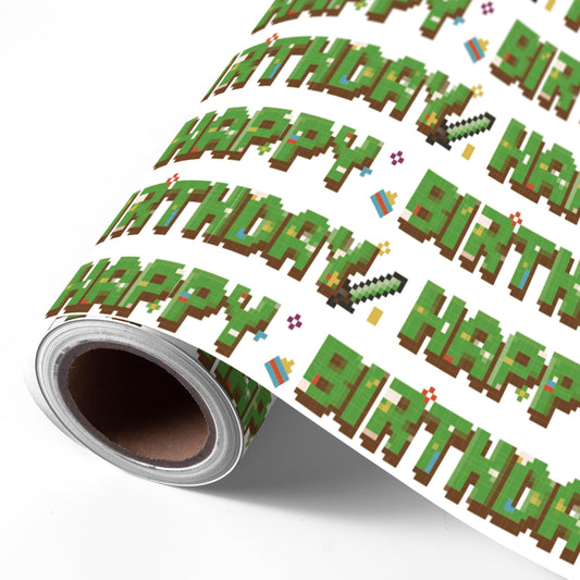 WRAPLULU Pixel Style Birthday Wrapping Paper Roll - 17.5" × 26 Ft - Retro Video Gaming Gift Wrap with HAPPY BIRTHDY, Perfect for Birthday Christmas