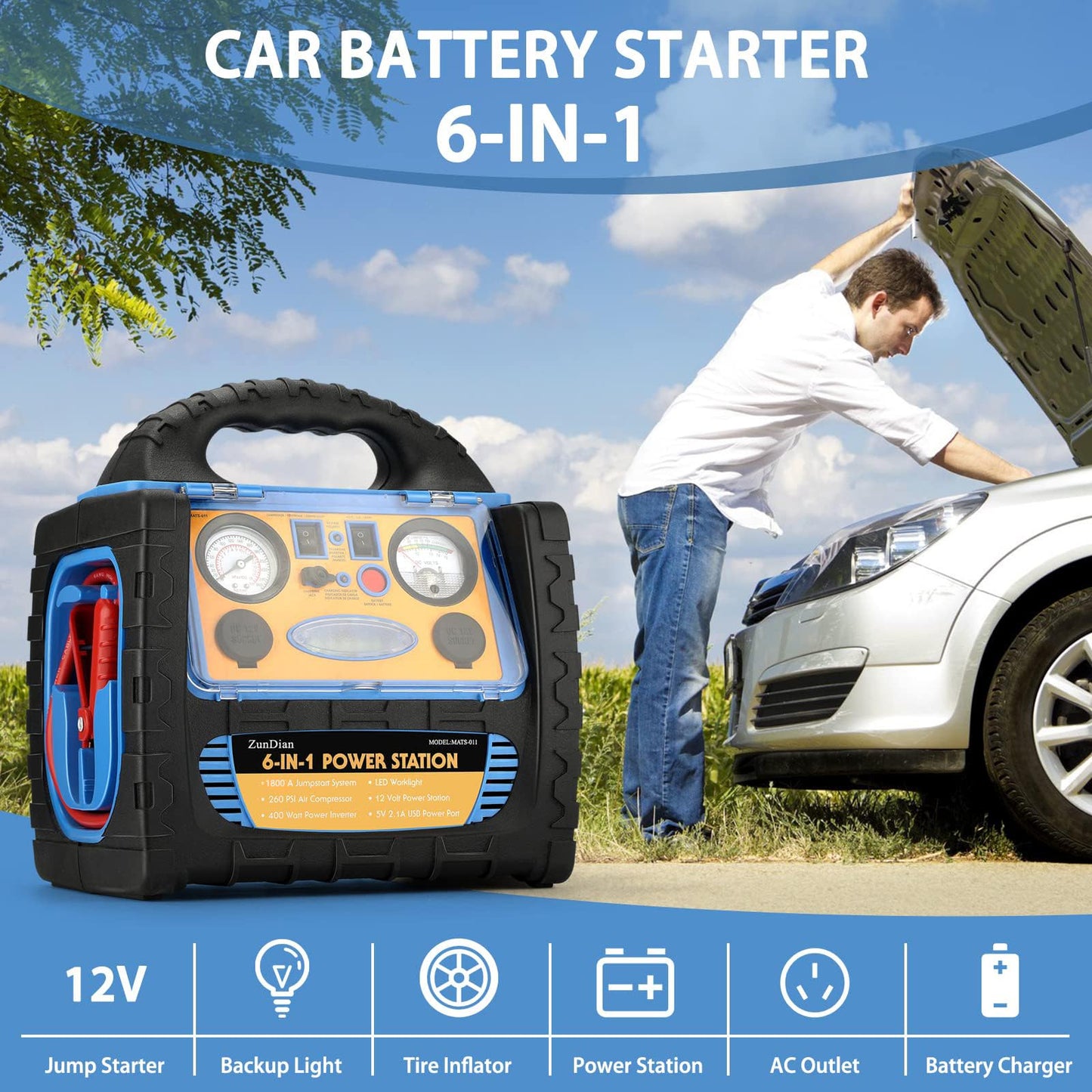 ZunDian 6-in-1 1800 Amp Jump Starter with Air Compressor 260PSI Tire Inflator, 12V Car Battery Jumper Starter Booster Pack for Truck Automotive Battery, Portable Power Station 400W AC Power Inverter