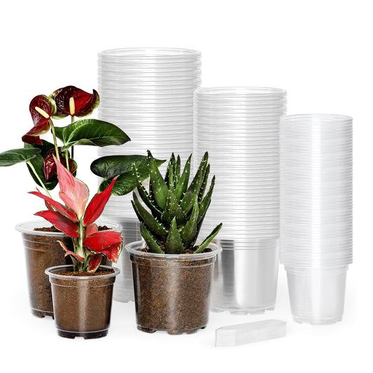 Hemikaki 60 Pack 4/5/6 Inch Clear Nursery Pots with Drainage Holes, Transparent Plastic Plant Pots, Reinforced Seed Starter Flower Pots, Comes with 50pcs Plant Labels