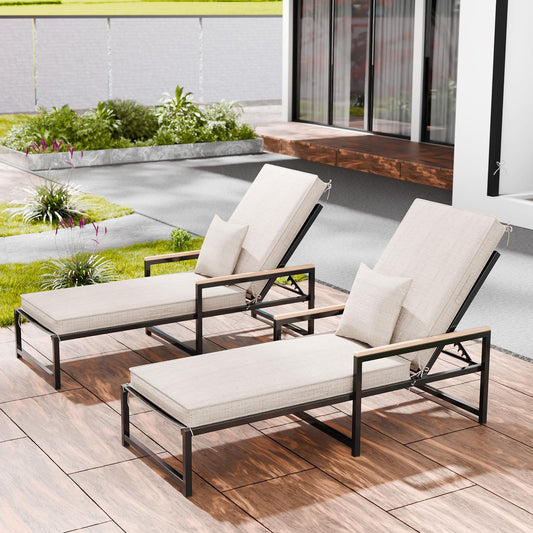 Chaise Lounge Cushions Outdoor Set of 2, Olefin Waterproof and Fade Resistant Patio Furniture Lounge Chair Cushions with Removable Cover, Lounger Pad with Handle & 16 Strap, 80x26x3 Inch, Light Beige