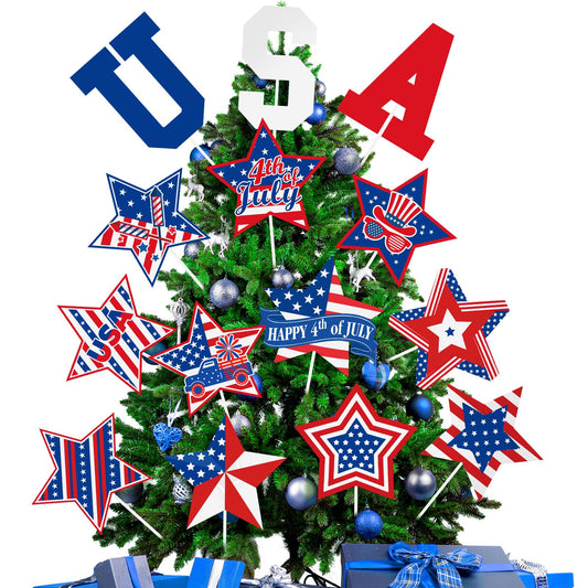 Kosiz 14 Pcs Independence Day Decorations Tree Picks Ornaments 4th of July Patriotic Ornaments for Tree Wooden Memorial Day Decorations Red White Blue Hanging America Star Yard Decor