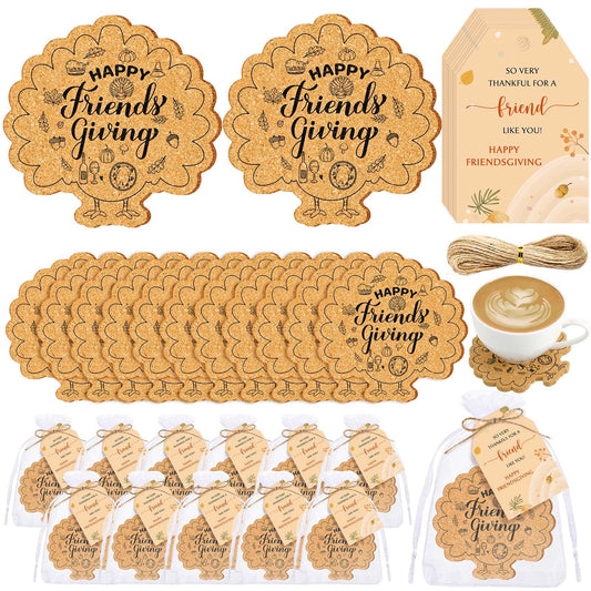 Hushee 24 Sets Friendsgiving Gifts Bulk Friendsgiving Cork Coasters Thanksgiving Cork Coaster Leaf Coaster with Thank You Cards and Organza Bag Thanksgiving Autumn Fall Party Favors (Maple Turkey)