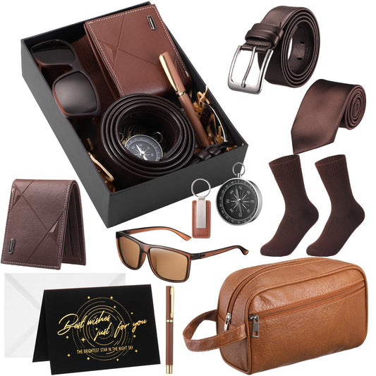 Geyoga 12 Pcs Men Father's Day Birthdays Gift Set with Box for Men Dad Basket PU Leather Wallet Leather Toiletry Bag Tie Socks Belt Keychain Sunglasses Pen Compass Set(Brown)