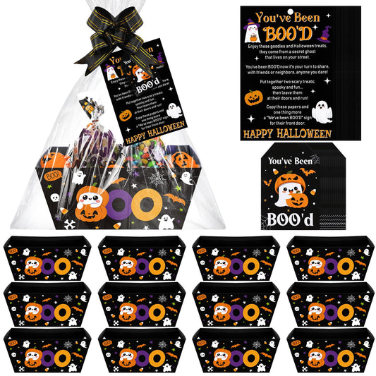 Yexiya 60 Pcs 12 Pack You've Been Booed Baskets Kit for Gift Empty Black Halloween Boo Box Empty Ghost Pumpkin Bag with Instructions and Tags for Halloween Treat Party Wrapping Gift Favors
