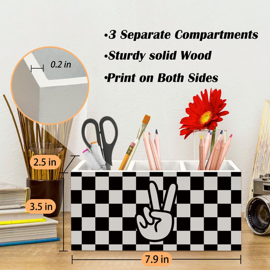 Beliran Black and White Checked Pen Holder for Desk, Boys Room Nursery Deccor Pencil Organizer, Peace Sign Wooden Pen Holder Desk Accessories Decor for Home Boys Room Dorm
