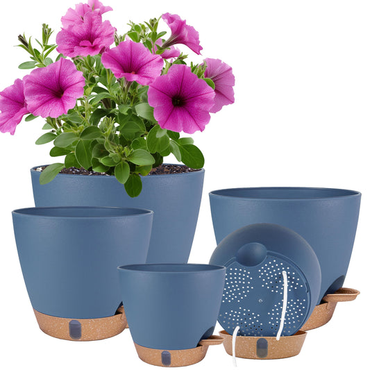 Self Watering Pots for Inoor Ourdoor Plants 8/7/6.5/6/5 Inch Plastic Planters with Drainage Holes & Water Level Indicator, Decorative House Flower Nursery Planting Pots with Saucers (Navy Blue)