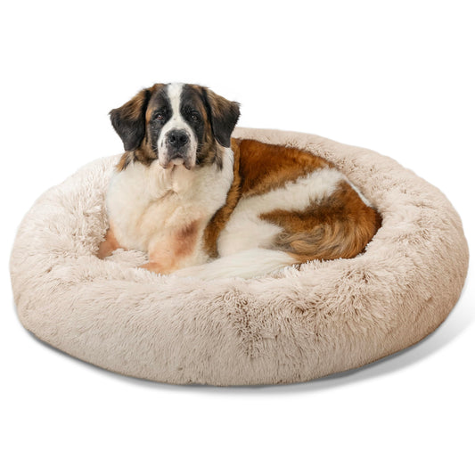 Best Friends by Sheri The Original Calming Donut Dog Bed – Washable Plush Pet Bed for XL Breeds up to 150 lbs, Shag Faux Fur, Taupe, XL (45" x 45")