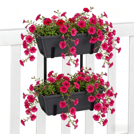 Railing Planter Box 2 Pack Rectangular Window Boxes Planters with Double Adjustable Brackets, Balcony Deck Railing Hanging Planters Herb Flower Pots for Indoor Outdoor Plants Garden Fence Rail