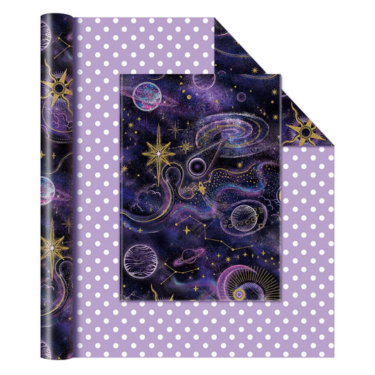 WERNNSAI Galaxy Wrapping Paper Roll - 1 Roll 17” x 33 ft Purple Dark Night Sky Nebula Star Wrapping Paper for Boys Girls Reversible Polka Dot Design Gift Wrap for Birthday Holiday Baby Shower Party Favors