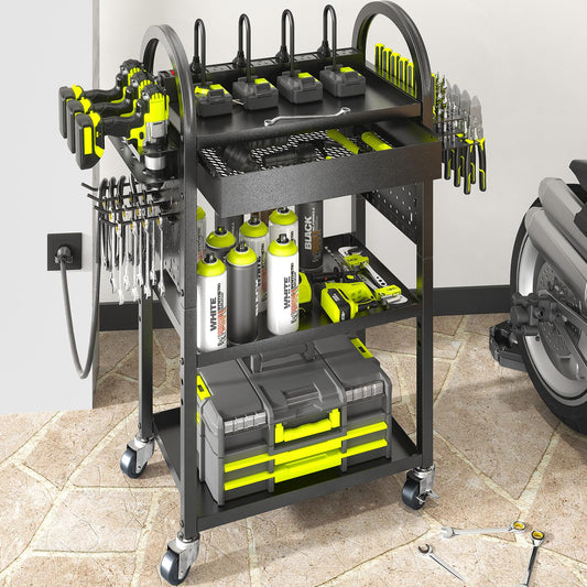KAFAHOM Power Tool Cart with Charging Station, Rolling Cart with Drawer, Heavy Duty Power Tool Organizer with 360 Silent Wheels, Storage for Garage, Warehouse & Repair Shop