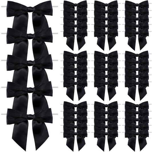 Oecoel 50Pcs 4.5in Satin Ribbon Bows with Clear Twist Ties Pre-Tied Decorative Bows for Present Wrapping, Treat Bags & Party Favors(Black)