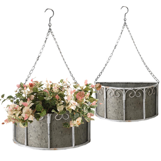 SOFE Farmhouse Galvanized Metal Hanging Planter Basket Set of 2, Unique Hanging Plant Pot Indoor Outdoor, 14 Inch/12inch Flower Pots Holder with Chain Hook, Home Garden Patio Decor