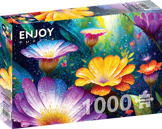 1000 Piece Jigsaw Puzzle for Adults - Colorful Flowers in the Rain Garden, Matte Anti-Glare, Unique-Shape Pieces, Sturdy 2mm Board, Frame-Worthy 27x19 in Gift for Women | Enjoy Complete-Set Guarantee