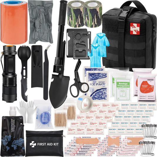 GPUSFAK 145 Pieces Emergency Survival Camping Kit, Molle First Aid Kit with Splint for Trauma Wound Care Blow Out for Outdoor Tornado Preparedness Kit, Black