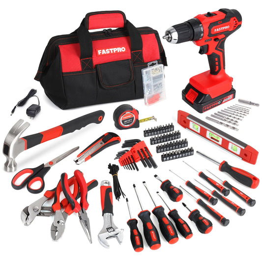 FASTPRO 232-Piece Home Tool Set with Drill, 20V Cordless Drill Driver, Household Repairing Tool Kit with Drill, 12-Inch Wide Mouth Storage Tool Bag Included, Red