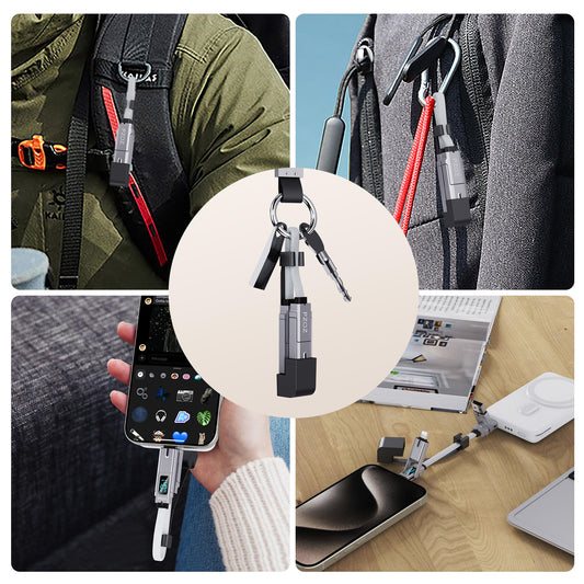 pzoz Portable Keychain Charger Short Cable with LED Display, 4-in-1 Multi USB C Fast Charging Combo Lightning/Type C/USB A/USBC Ports for iPhone iPad MacBook AirPods Samsung Google (140W, 7.3 inchs)