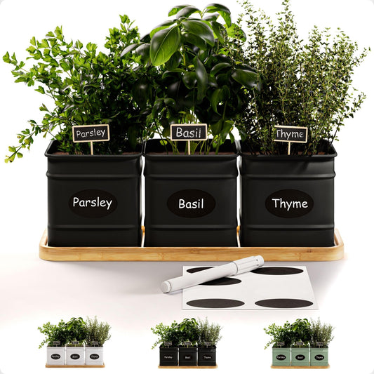 Herb Planter Indoor - 3 Iron Herb Pots with Drainage Holes, Varnished Bamboo Tray, Customizable Labels & Marker Pen - Indoor Herb Garden Planter - 3 Pots for Herbs - Inside Spice Garden - Basil Pot