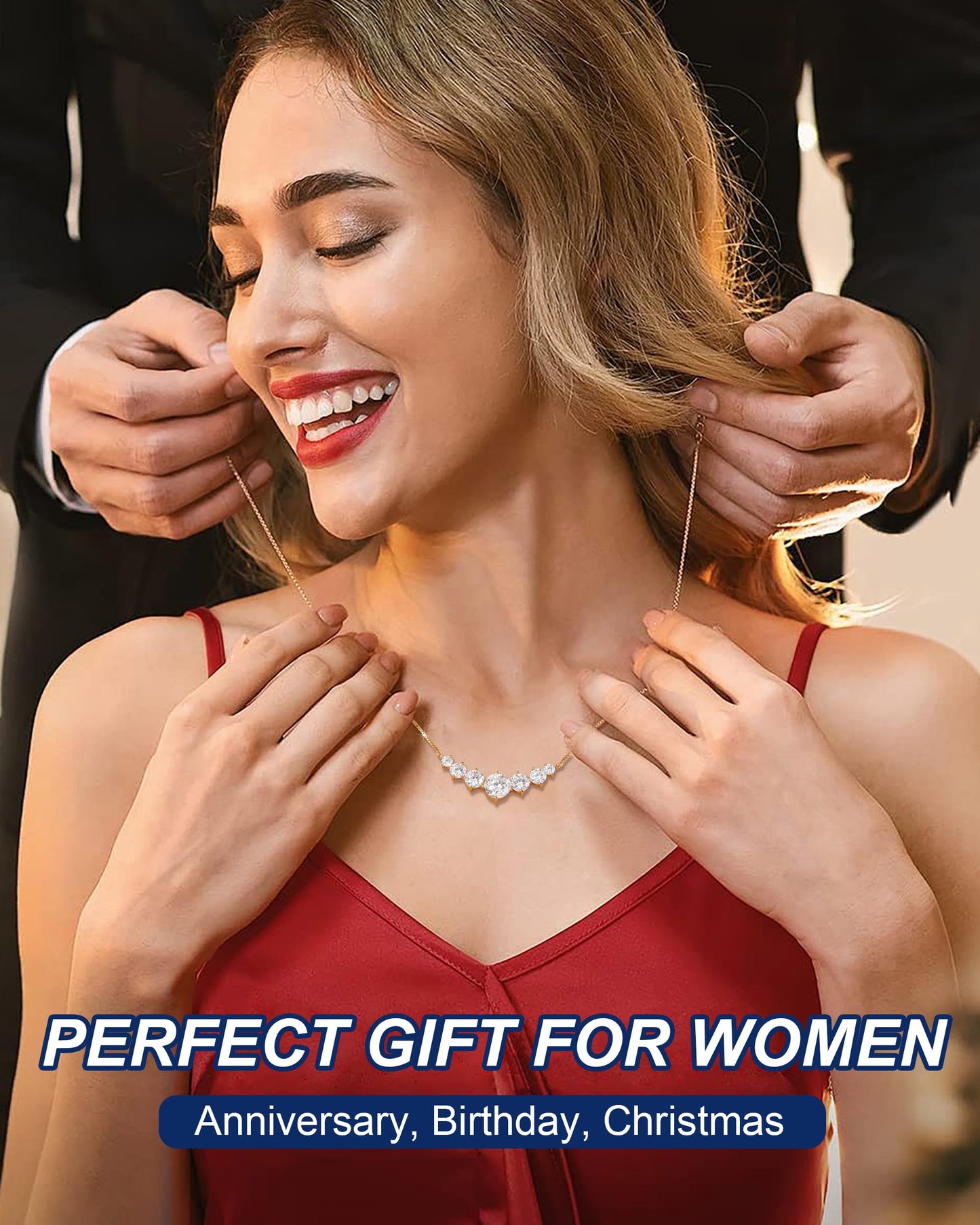 Moissanite Necklace for Women, 5.0 Carat 7 Stones Simulated Diamond Necklace 18k Yellow Gold Plated Sterling Silver Smile Pendant Necklace 16.5+2.5 inch Box Chain with Certificate of Authenticity