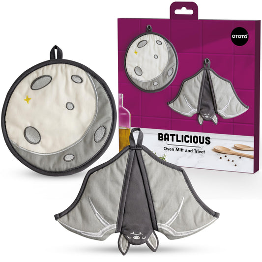 New - OTOTO Batlicious Oven Mitts and Pot Holders Sets - Heat Resistant Trivets for Hot Dishes, Cooking Goth Kitchen Decor, Cute Accessories, Pot Holders, Spooky Halloween Bat Moon Witchy Gifts
