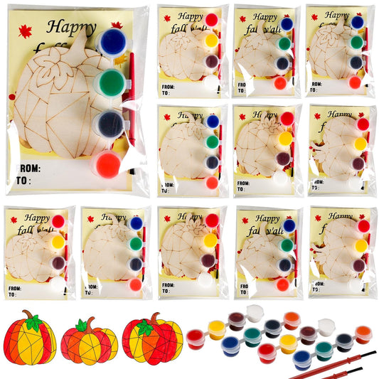 24 Sets Thanksgiving Fall Pumpkin Party Favors Pumpkin Wooden Painting Craft Kits Autumn Party Decors Thank You for Coming Gifts for Kids Happy Fall Y’all Cards - Birthday Crafts Bulk Harvest Supplies