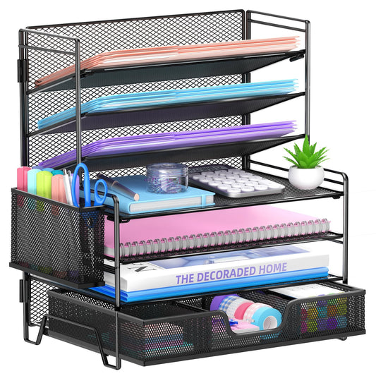SUPEASY 7 Tier Desk Organizer with Drawer & Pen Holder, Heavy Duty Metal Letter Tray Paper File Organizer for Home Office School Classroom, Black