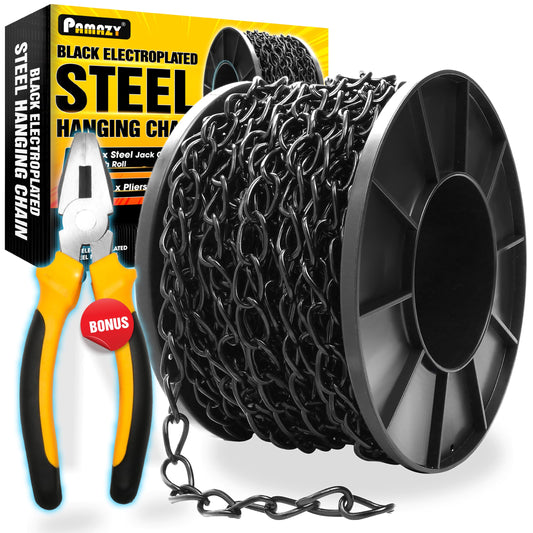 [Upgraded] 50FT Black Electroplated Steel Hanging Chain Roll, Pliers Included, 20LBS Load Capacity, Durable, Rust-Resistant, Adjustable Length for Hanging Bird Feeders, Planters, Lanterns, Billboards