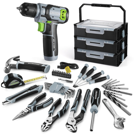 WORKPRO 43PCS Cordless Lithium-ion Drill Driver & Toolbox, 8V 2.0 Ah Power Drill Set with Household Hand Tool Kit, Battery Powered Screwdriver with Stackable Tool Box