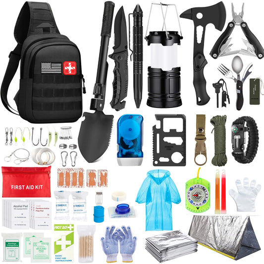 Survival Kit, 151 Pcs First Aid Kit Survival Gear and Supplies Emergency Kit with Bug Out Bag Tactical Military Grade Molle IFAK for Camping, Earthquake, Hiking, Hunting, Gifts for Men Dad (Black)