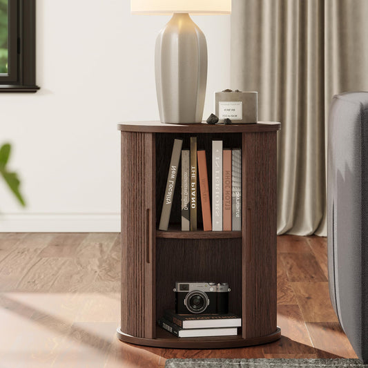 LINSY HOME Round End Table, Fluted Side Table with Sliding Tambour Door and Storage Shelf, Mid Century Modern Circular Nightstand for Bedroom, Wood Boho Tall Bedside Cabinet for Small Space, Walnut