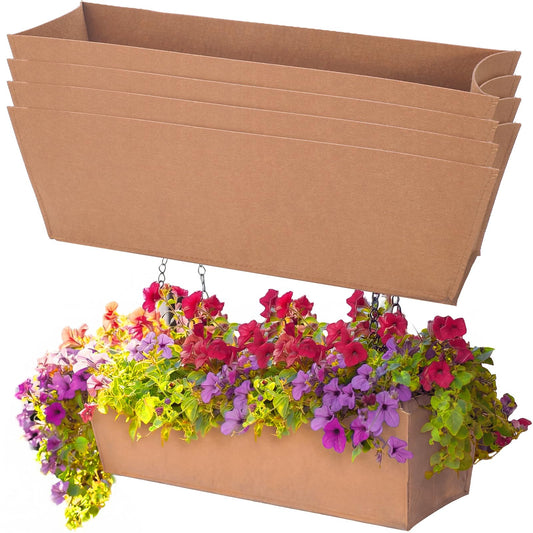 Ferrochef 4 Pcs 30 Inch Fabric Plant Window Box Liners Rectangle Non-Woven Planter Basket Liner Insert Brown for Outdoor Garden Fence Wall Railing Hanging Flower Pot, Moisture Retention