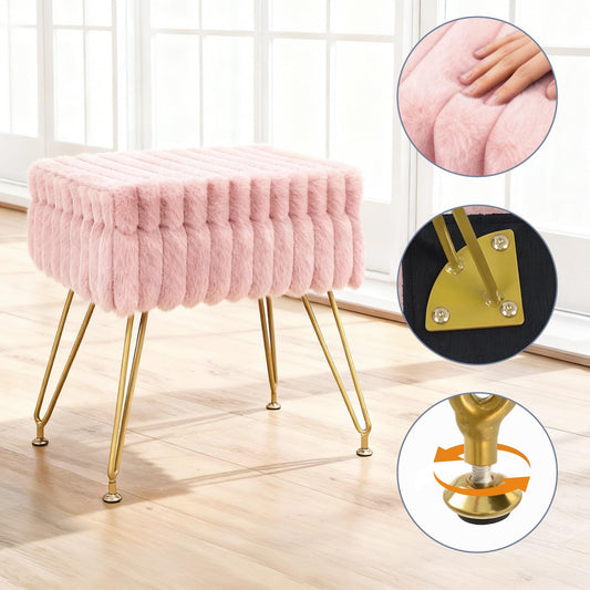 xupersodys Vanity Stool Chair with Storage, Faux Fur Soft Padded Ottoman with Coffee Table, Modern Vanity Chair Fluffy Footstool with Metal Legs for Makeup, Living Room,Bedroom Pink