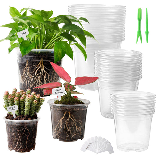 Huvai 45 Pack 5/6/8 Inch Clear Nursery Pots with Drainage Holes, Transparent Plastic Plant Pots with 50 Tags & 2 Mini Transplant Tools for Indoor Outdoor Gardening, Seedlings, Succulents, Vegetables