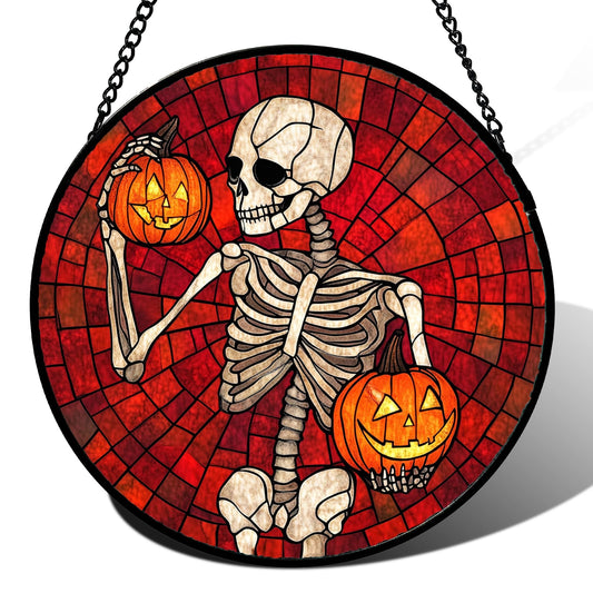 CRISGIF Stained Glass Window Hanging - Halloween Decorations Skeleton Pumpkin Suncatcher for Doors Garden Indoor Spooky Funny Sun Catchers Gothic Decor Horror Gifts for Women Men Friend 9.8 in