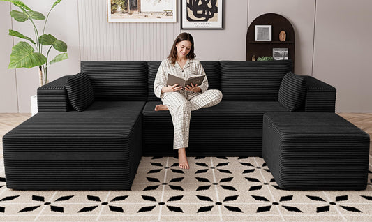 106" Cloud Sectional Boneless Couches for Living Room, Modular U Shaped Couch with Deep Seat, Removable Ottoman, Memory Foam Compressed Spineless 4 Seater Sofa for Bedroom Apartment, Black