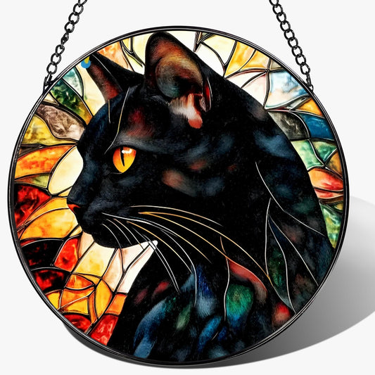 DOUHASU 8″ Stained Glass Window Hanging Ornament, Black Cat Stained Glass Suncatcher Ornament, Sun-Catcher Window Decor | Gifts for Cat Lovers, Pet Lover Gift