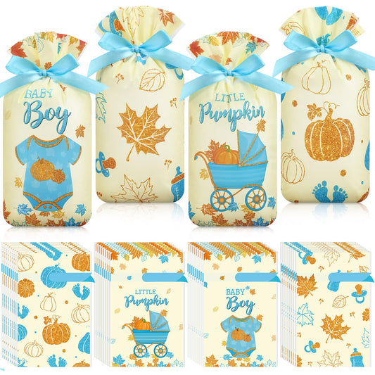 Funrous 60 Pcs Thanksgiving Little Pumpkin Treat Bags Fall Baby Shower Drawstring Candy Goodie Bags Bulk Autumn Maple Leaf Party Favors for Gender Reveal Birthday Supplies(Blue)