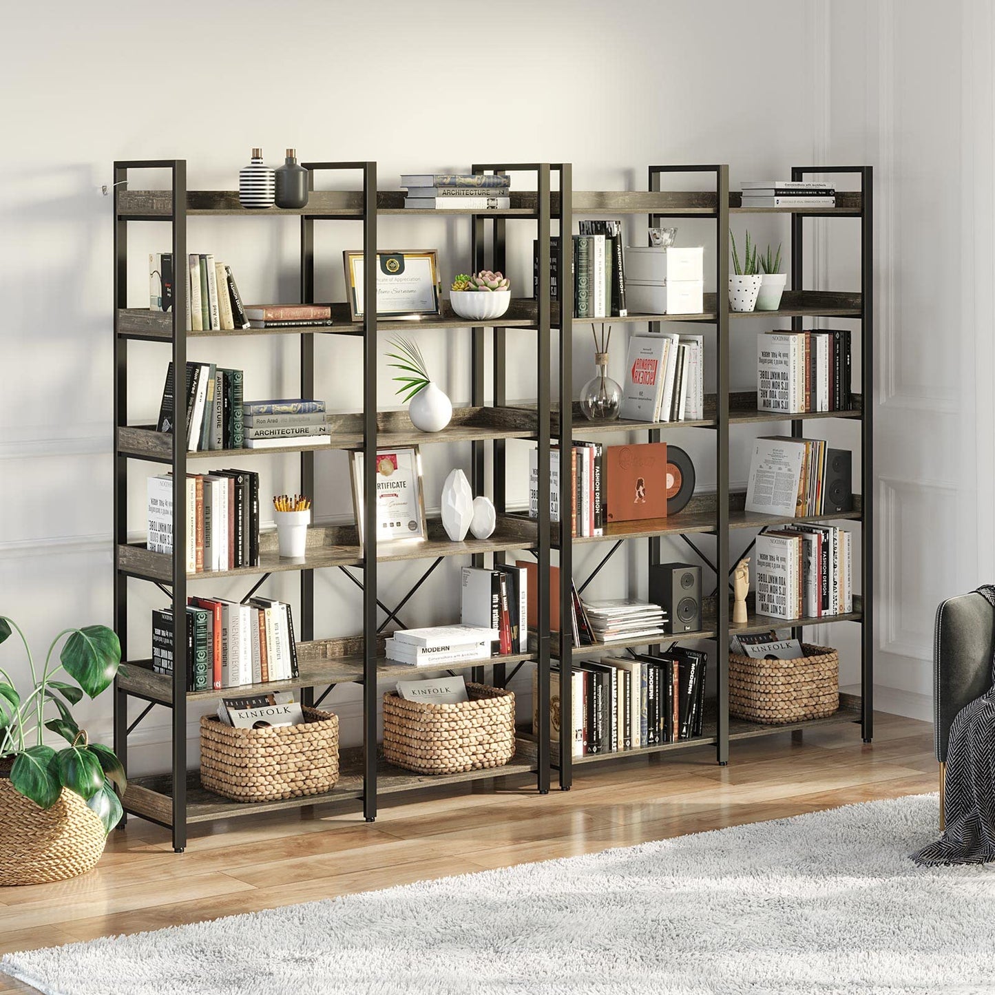 Seventable Bookshelf 6 Tier with 4 Hooks, 67” Industrial Wooden Bookcase, Vintage Storage Rack with Open Shelves, Rustic Standing Bookshelves Metal Frame 43.3” Wide Display Rack, Rustic Brown