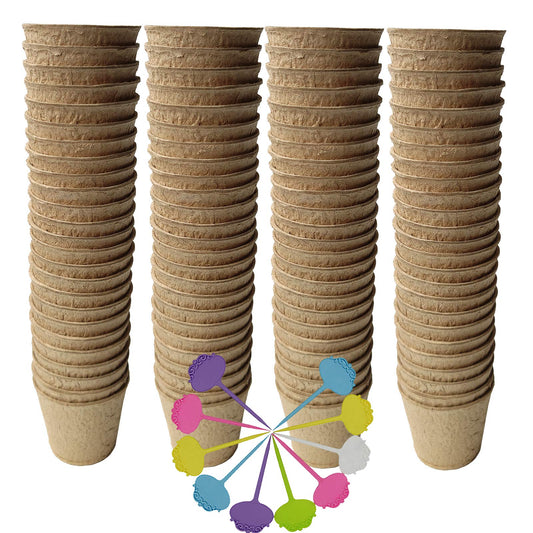 FDGARDEN Biodegradable Peat Pots for seedlings, 100 Pack Plant Seed Starter Pots Kit, 2.36inch Succulent Planter Nursery Pots with 10 Plant Markers, Garden Germination Kits