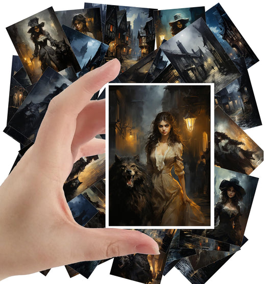 Large Stickers 24 pcs (2.5"x3.5" Each) Spooky Witches with Werewolf Walking The Streets at Night Victorian Town Vintage Halloween Postcards Retro Greeting Card Book Illustration Reprint