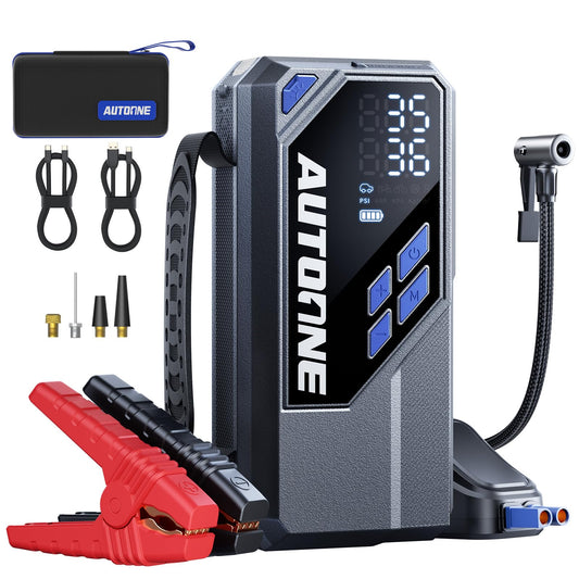 AUTOONE 10000A Jump Starter with Air Compressor, 24000mAh Jump Box with Tire Inflator (All Gas & Diesel) Portable Car Battery Booster Jumper Starter Pack, Jumper Cables, Type C, 60W Charging, Light