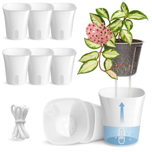 Vandorelle 8 Pack 4" Self Watering Pots for Indoor Plants, Clear Inner Cup, Small White Plastic Planters, Water Level Indicator, Drainage Holes, Extra 3ft Wick, Cuttings,Seedlings,Herb,African Violets