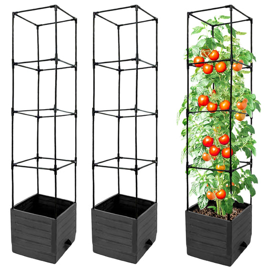 SYITCUN Tomato Planter with Trellis, 57 Inch Self-Watering Planter Box 2-Pack, Grey Planter with Metal Support for Outdoor Indoor Climbing Plants