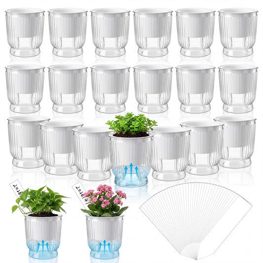 Ferrochef 20 Sets 4 Inch Self Watering Pots Bulk Small Plant Pots with Inner Reservoir, Clear Self Watering Wick Planter Plastic Plant Labels for Indoor Succulents Herbs Flowers Pothos