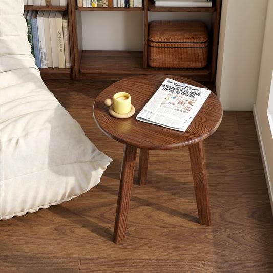Vadisun 100% Solid Oak Round Side Table, Small Table w/Stable Frame, Round End Table, Small Side Table for Living Room, Bedroom, Couch(Walnut, 17.71" D x 19.68" H)