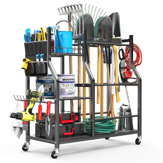 organizelink 36" Large Garden Tool Organizer with Wheels & Side Tool Bag, 3 Tier Rolling Garage Storage Rack for Long Handled Rakes, Shovels, Brooms, Freestanding Yard Tools Cart for Shed & Outdoors