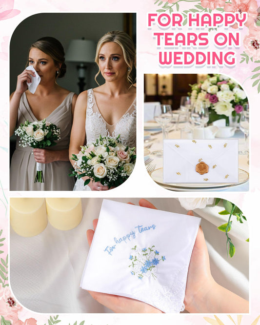 12 Set 6/12 Sets Embroidered For Happy Tears Wedding Handkerchiefs 11" x 11" with Lace Mother of the Bride Gifts for Bride Party