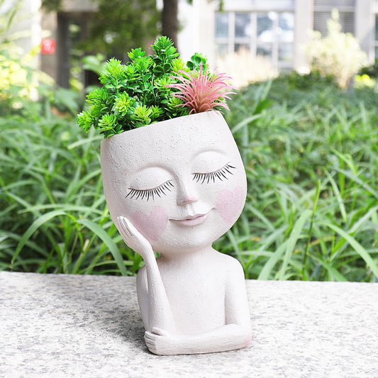 CASANIA Closed Eyes Girl Head Planter Pot with Drainage Hole, Resin Face Planter for Succulents Small Plants, Indoor Outdoor Whimsical Decor for Home Garden Office, Gift for Plant Lovers